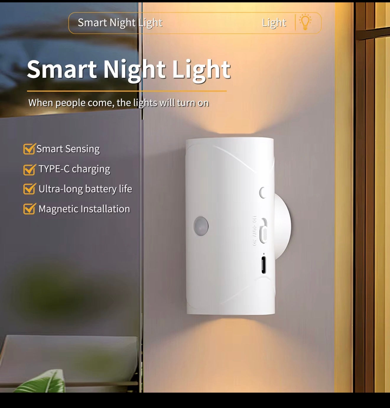 LED Night Light Motion Sensor Magnetic Rechargeable Adjustable Brightness White